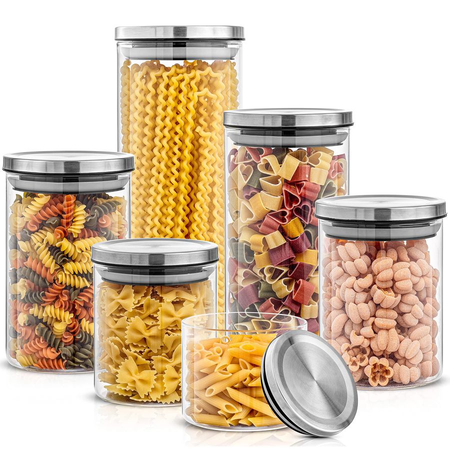 Food Storage Containers Set - Kitchen Canister Set. 6 Glass Jars