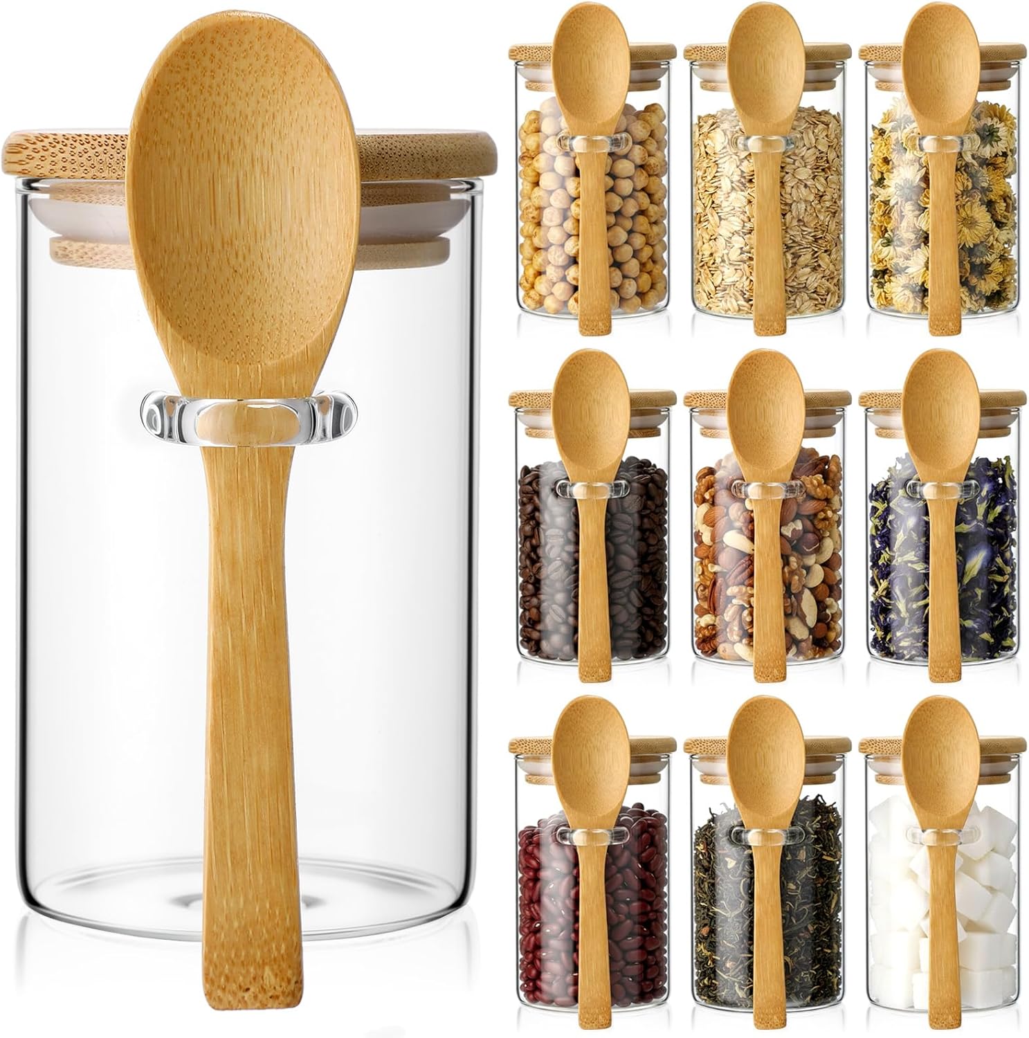 Food Storage Containers Set - 10 Pack Glass Jars with Bamboo