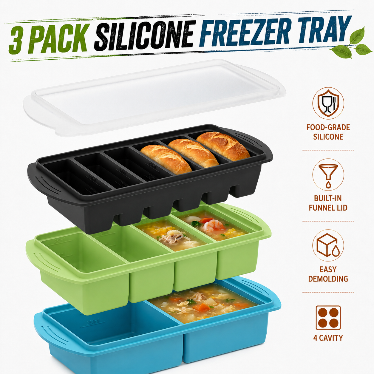 3 Pack Silicone Freezer Trays  - Xl Food Storage Containers With Lids のレビューと価格