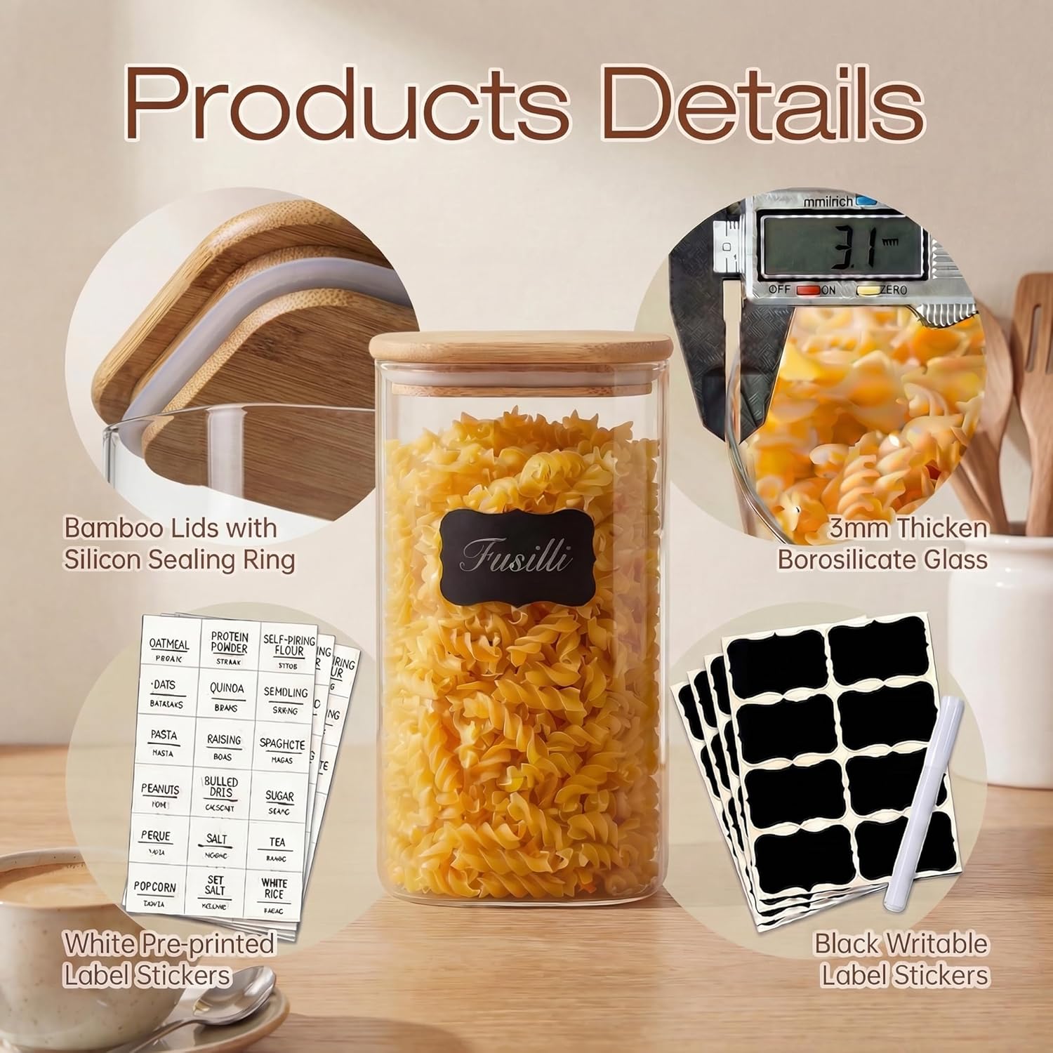 Square Glass Jars with Bamboo  - Food Storage Containers Set のレビューと価格